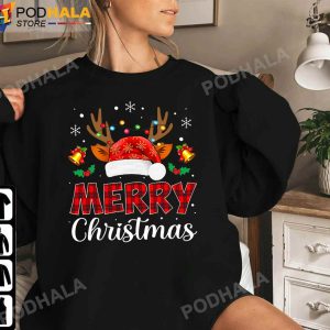 Funny Christmas Tee Merry Christmas Reindeer Plaid Red Xmas Gifts