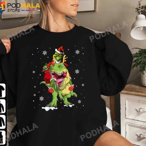 Funny Santa Grinch Riding Dinosaur TRex Grinch Christmas Sweatshirt