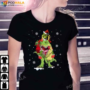 Funny Santa Grinch Riding Dinosaur TRex Grinch Christmas TShirt