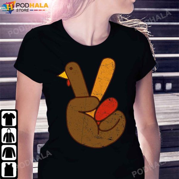 Funny Turkey Peace Sign Hand Turkey Thanksgiving T-Shirt