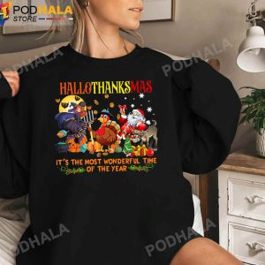 Happy Hallothanksmas Funny Witch Halloween Turkey Thanksgiving Santa Claus Christmas Sweatshirt