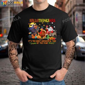 Happy Hallothanksmas Funny Witch Halloween Turkey Thanksgiving Santa Claus Christmas T Shirt