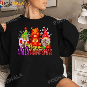 Happy Hallothanksmas Gnomes Lover Halloween Thanksgiving Christmas Tee