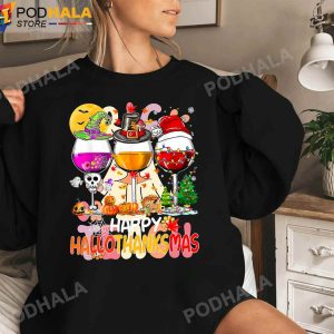 Happy Hallothanksmas Wine Glasses Witch Santa Hat Halloween Pumpkin Sweatshirt