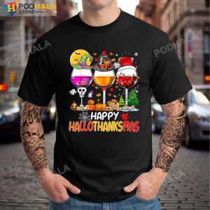 Happy Hallothanksmas Wine Glasses Witch Santa Hat Halloween Pumpkin T Shirt 1