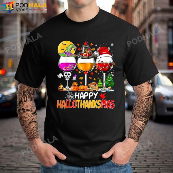 Happy Hallothanksmas Wine Glasses Witch Santa Hat Pumpkin T-Shirt