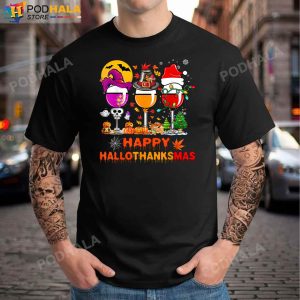 Happy Hallothanksmas Wine Glasses Witch Santa Hat Halloween Pumpkin T Shirt