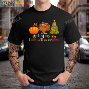 Holiday Happy HallowThanksMas Halloween Thanksgiving Christmas Family T Shirt