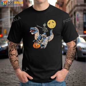 Skeleton Riding Mummy Dinosaur T Rex Halloween T-Shirt, Halloween Gifts