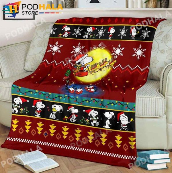 Snoopy Christmas Blanket, Snoopy and Woodstock Xmas Snowflake And Moon Red Blanket