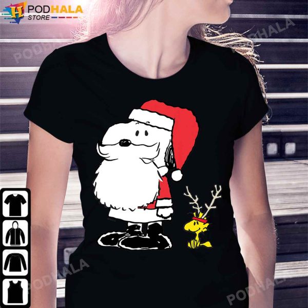 Snoopy Christmas Shirt Holiday Snoopy Woodstock Antlers Santa Claus T-Shirt