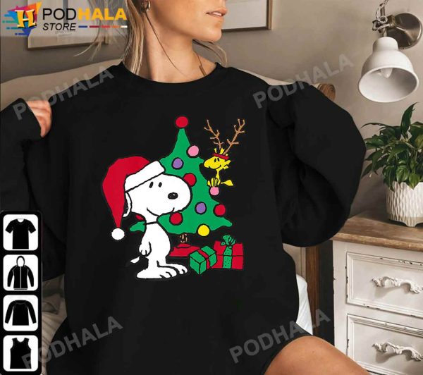Snoopy Christmas Shirt, Snoopy Woodstock Antlers Santa Claus Xmas Tree T-Shirt