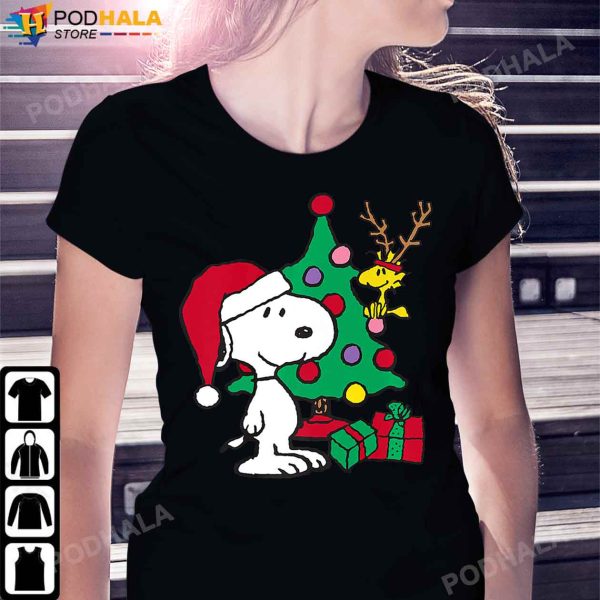 Snoopy Christmas Shirt, Snoopy Woodstock Antlers Santa Claus Xmas Tree T-Shirt