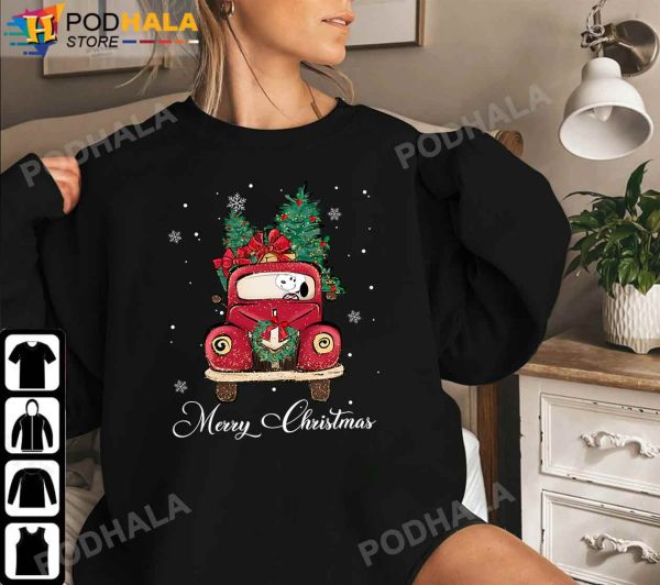 Snoopy Riding Red Truck Christmas Tree Xmas Gift Funny Christmas T-shirt