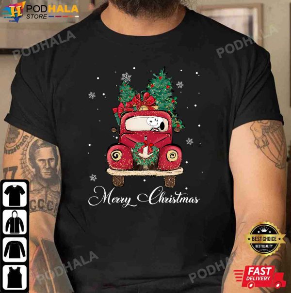 Snoopy Riding Red Truck Christmas Tree Xmas Gift Funny Christmas T-shirt