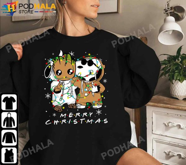 Snoopy and Baby Groot Merry Christmas Light, Snoopy Christmas Shirt