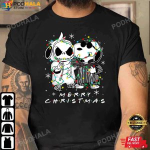 Snoopy and Jack Skellington Merry Christmas Light Snoopy Christmas T Shirt