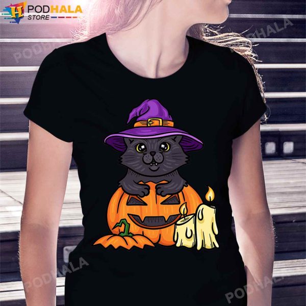 Spooky Halloween Pumpkin Black Cat Witch T-Shirt, Halloween Gifts