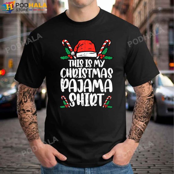 This Is My Christmas Pajama Shirt Funny Santa Hat Candy Funny Christmas Gifts T-Shirt