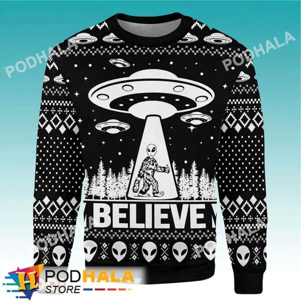 Alien Believe Bigfoot Ugly Christmas Sweater, Sasquatch Gifts