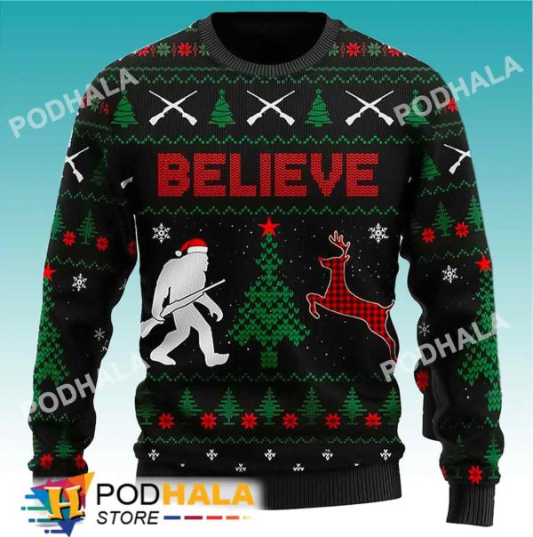 Believe Bigfoot Hunting Bigfoot Ugly Christmas Sweater, Funny Bigfoot Gifts