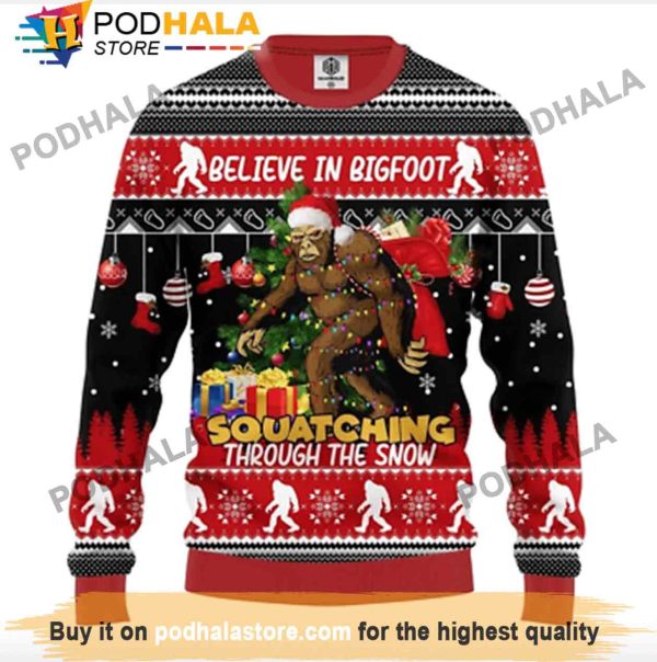 Believe In Bigfoot Santa Bigfoot Christmas Sweater, Funny Bigfoot Gifts