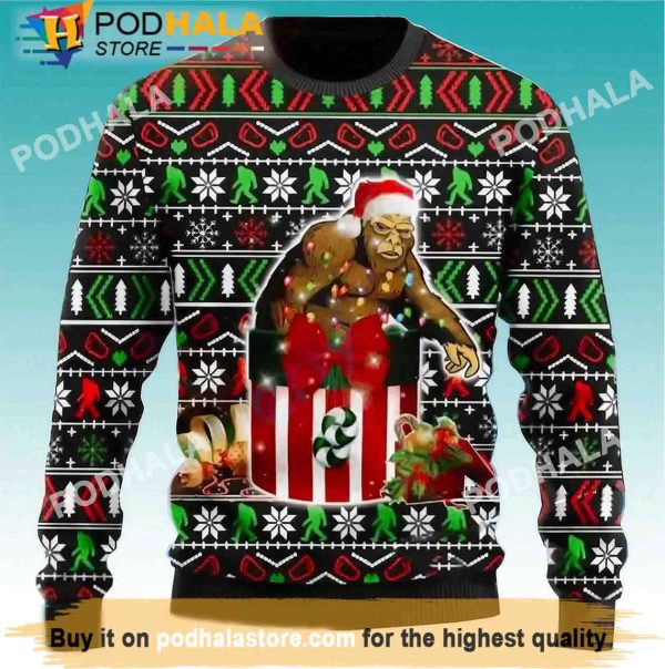 Bigfoot In The Gift Box Bigfoot Christmas Sweater, Funny Bigfoot Gifts
