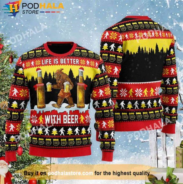 Bigfoot Life Is Better With Beer Christmas Sweater, Gifts For Beer Drinkers