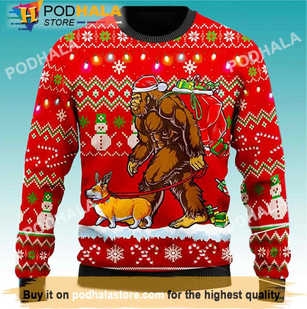Bigfoot Walking Corgi Bigfoot Ugly Christmas Sweater, Sasquatch Gifts