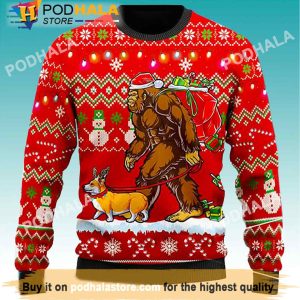Bigfoot Walking Corgi Bigfoot Ugly Christmas Sweater, Sasquatch Gifts