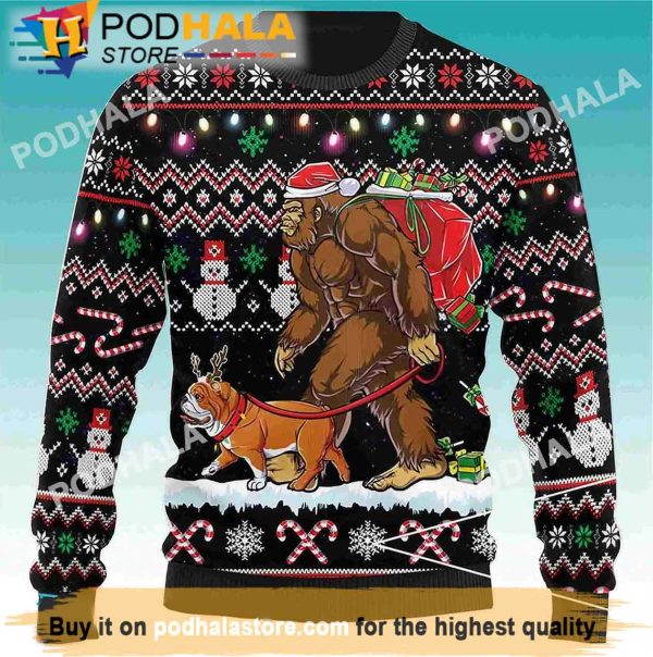 Bigfoot Walking English Bulldog Bigfoot Ugly Christmas Sweater, Bigfoot Gifts