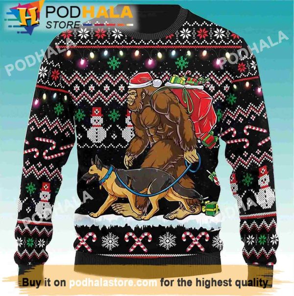 Bigfoot Walking German Shepherd Bigfoot Ugly Christmas Sweater, Bigfoot Gifts