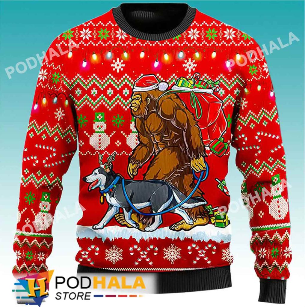 Bigfoot Walking Husky Bigfoot Ugly Christmas Sweater, Sasquatch Gifts