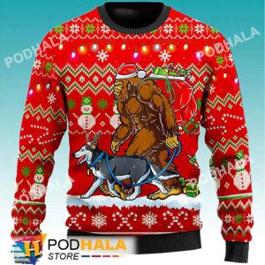Bigfoot Walking Husky Bigfoot Ugly Christmas Sweater, Sasquatch Gifts