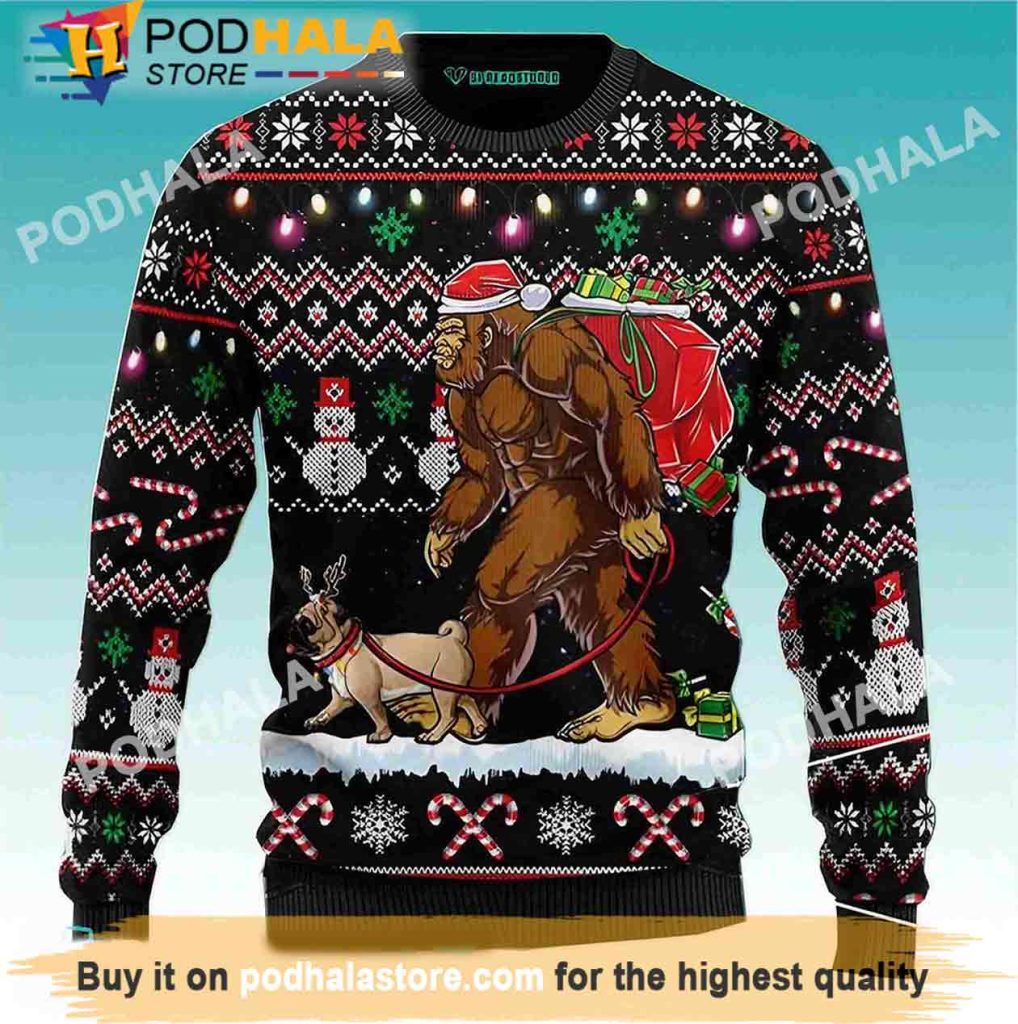 Bigfoot Walking Pug Bigfoot Christmas Sweater, Funny Bigfoot Gifts