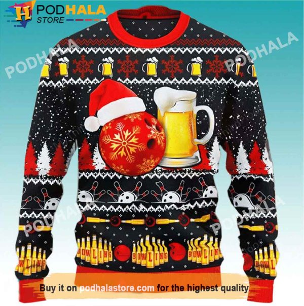 Bowling And Beer Christmas Sweater, Gifts For Beer Drinkers