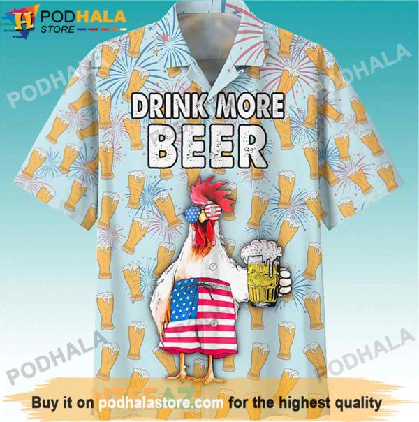 Chicken USA Flag Drink More Beer Hawaiian Shirt, Gifts For Beer Drinkers