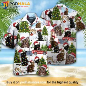 Christmas Red Truck And Cat Santa Hawaiian Shirt, Xmas Gifts
