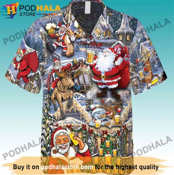 Christmas Santa Claus Reindeer And Beer Santa Hawaiian Shirt, Xmas Gifts