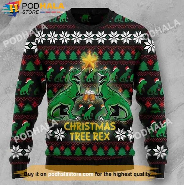 Christmas Tree Rex Dinosaur Beer Christmas Sweater, Gifts For Beer Drinkers