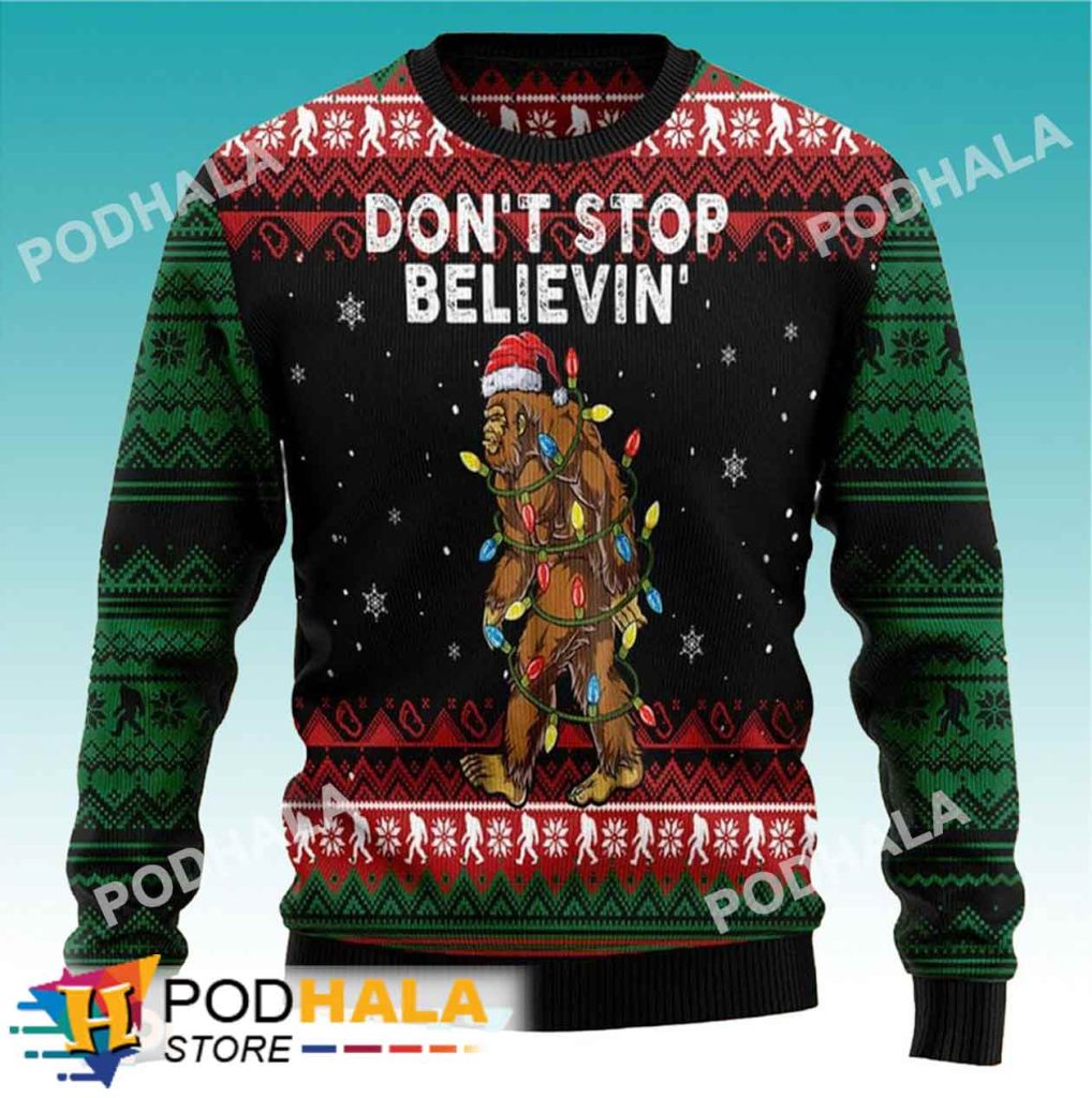 Don't Stop Believin' Santa Bigfoot Ugly Christmas Sweater, Sasquatch Gifts