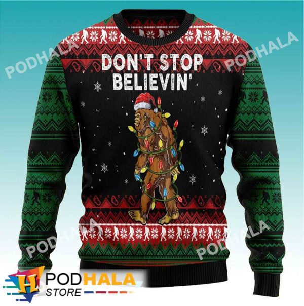 Don’t Stop Believin’ Santa Bigfoot Ugly Christmas Sweater, Sasquatch Gifts