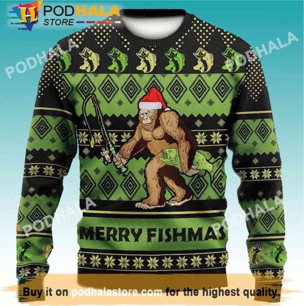 Fishing Merry Fishmas Bigfoot Christmas Sweater, Funny Bigfoot Gifts