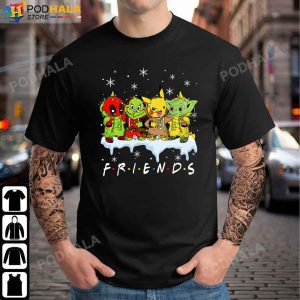 Grinch Deadpool Pokemom and Baby Yoda Friends Funny Christmas T-Shirt