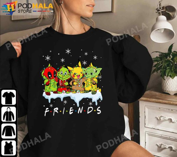 Grinch Deadpool Pokemom and Baby Yoda Friends Funny Christmas T-Shirt