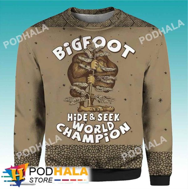 Hide And Seek Champion Bigfoot Ugly Christmas Sweater, Sasquatch Gifts