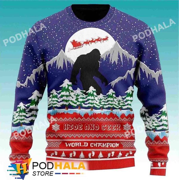 Hide And Seek Wold Champion Bigfoot Christmas Sweater, Funny Bigfoot Gifts