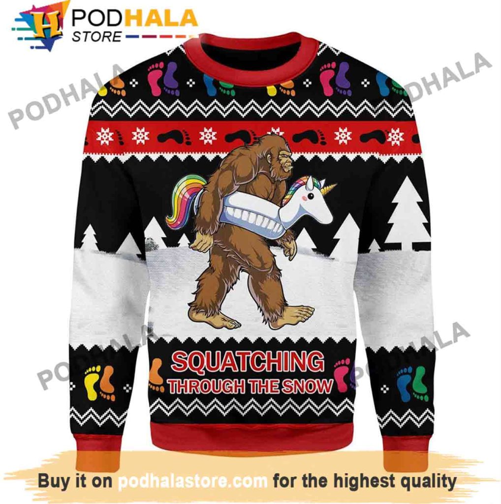 LGBT Unicorn Pool Bigfoot Christmas Sweater, Funny Bigfoot Gifts