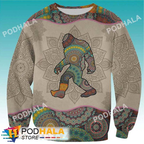 Maine Mandala Bigfoot Ugly Christmas Sweater, Sasquatch Gifts