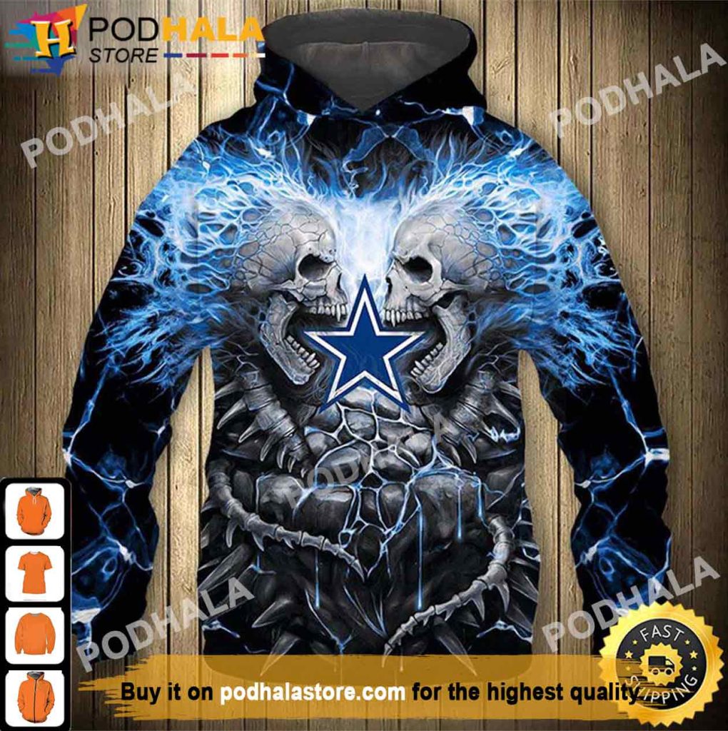 Neon Blue Electric Scream In Skulls Dallas Cowboys 3D Hoodie, Cowboys Gifts